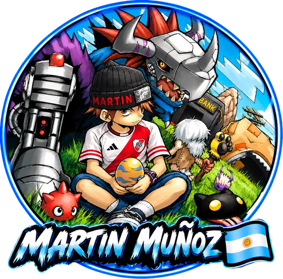 Martín, ilustrado con la camiseta de River, un huevo en las manos y sus Digimon alrededor